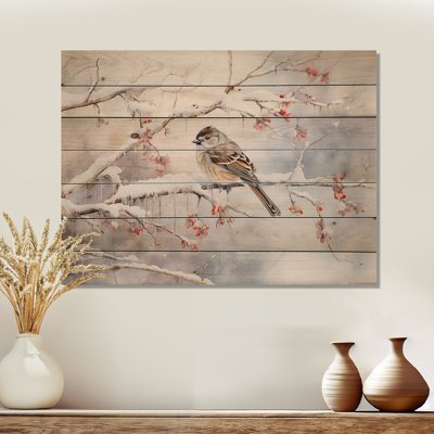 Winter Snowy Bird Charm Landscape - Snow Wood Art On Natural Pine Wood