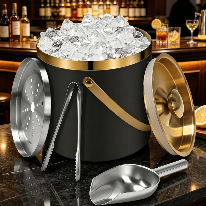 3L Double Walled Insulated Stainless Steel Ice Bucket with Lid & Ice Tongs, Large Champagne Cooler Bucket, Gold & Black Finishes, Multipurpose Drinks Chiller for Home Bars, Pubs, BBQs, Picnics, Parties, Cocktails, Beer & Wine