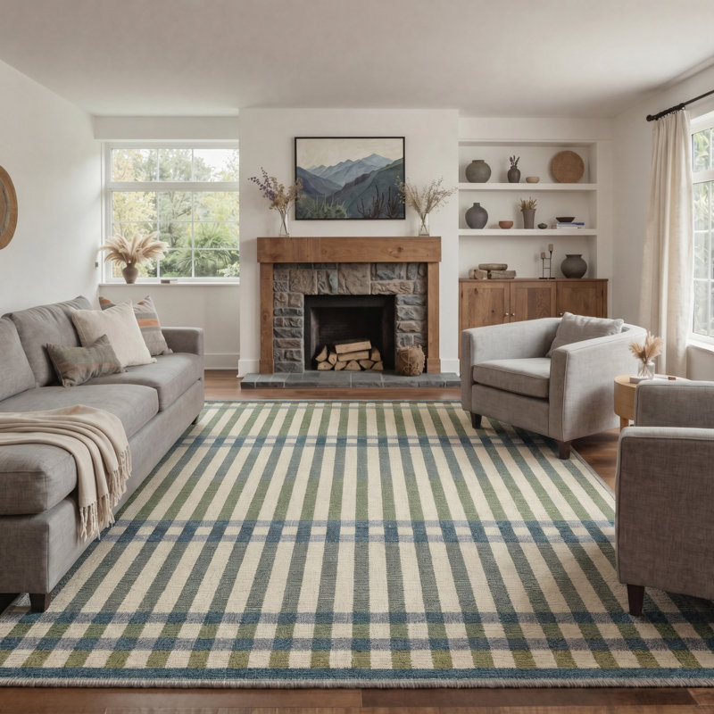 Abdellah Modern Plaid Machine Washable Green/Blue/Beige Indoor Area Rug with Non-Slip Backing, Rectangle 6' x 9'