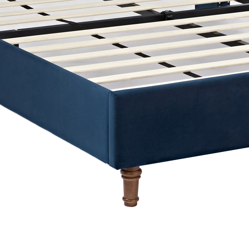 Lit tapissier 54 po en velours bleu avec tête de lit à oreilles et capitonnage à boutons, Bleu