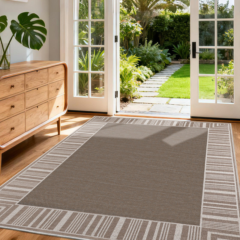 Outdoor Area Rug, Casual Design with Striped Border, Stain Resistant Durable Mat for Patio, Balcony, Bedroom, Living Room, Dining Room, Bathroom