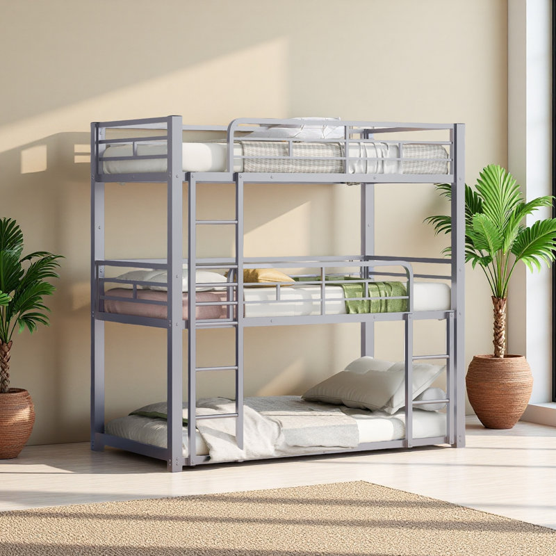 Metal Twin Size Triple Bunk Bed, Silver