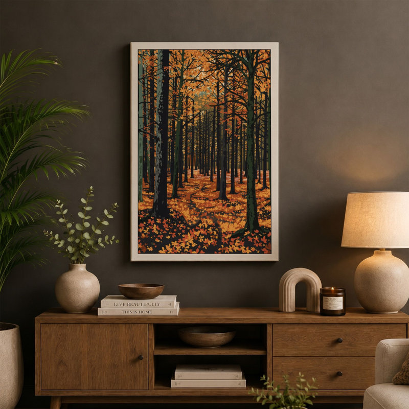 Autumn Forest Path Rustic - Wrapped Canvas, 30x20 - 76.2 x 50.8 cm, Sage Border