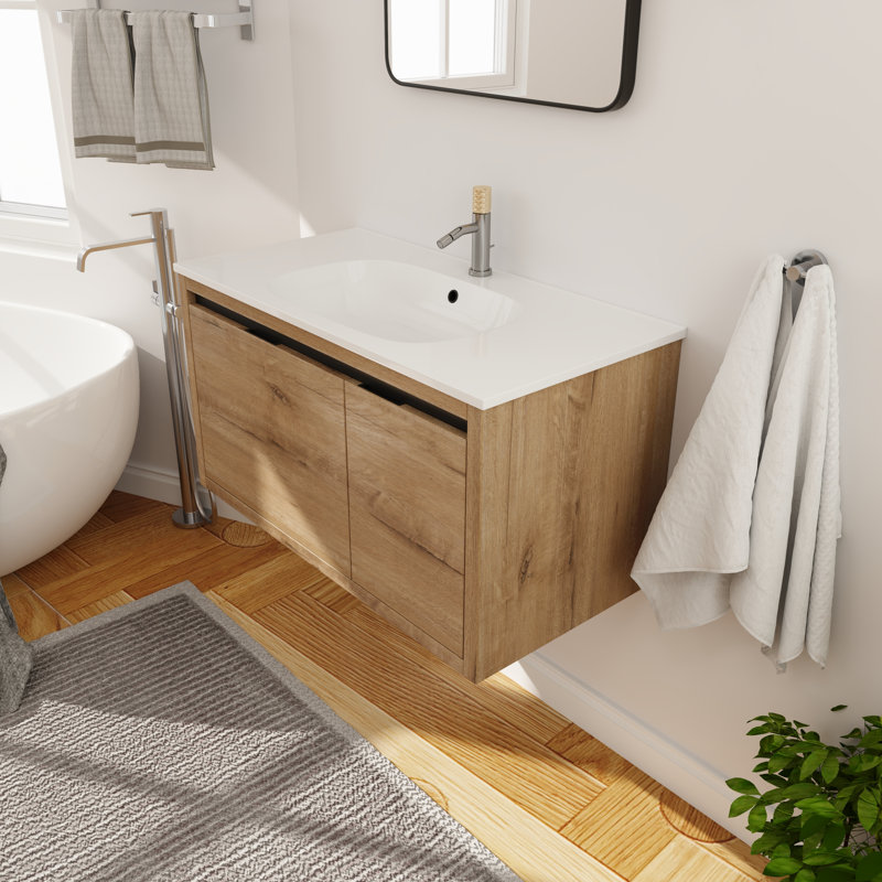 Ensemble de meuble-lavabo mural simple 36 po, meuble-lavabo flottant avec comptoir en acrylique, 1 porte et 1 tiroir