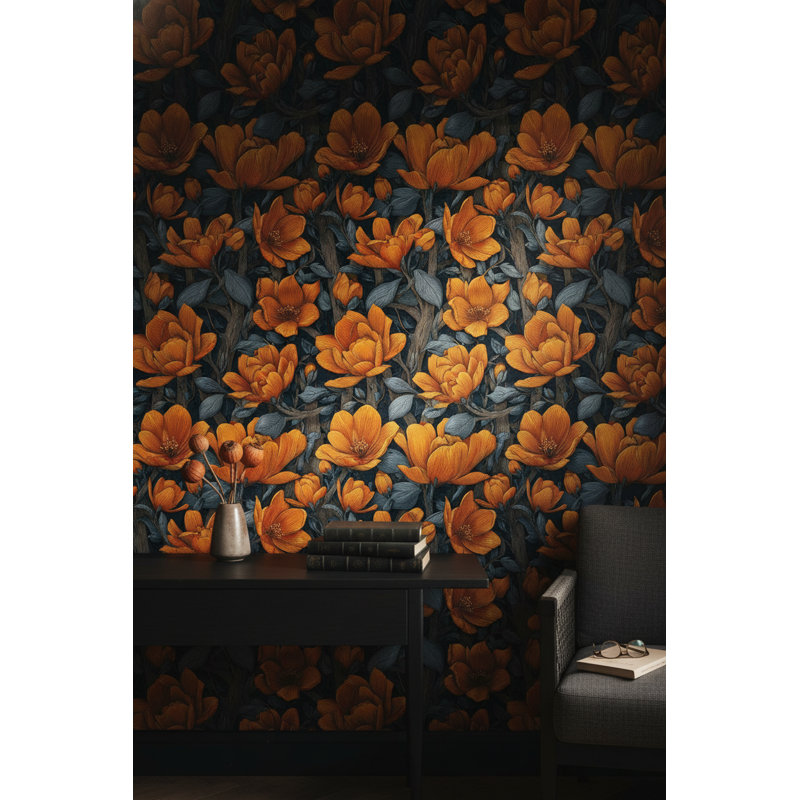 Papier peint floral, décoration murale amovible orange foncé