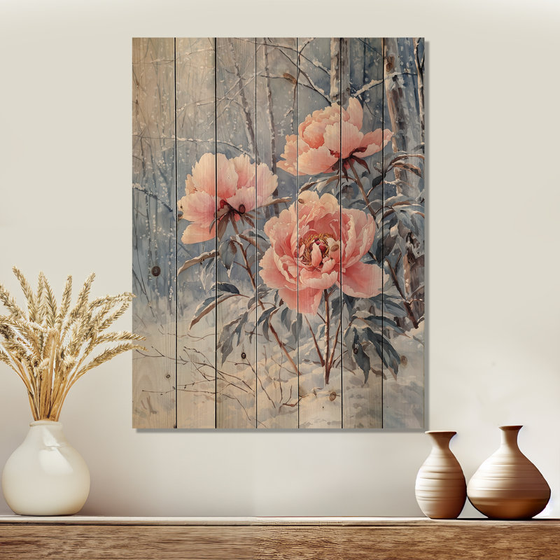 Hiver, pivoines glacées dans la forêt II - décorations murales en bois de pivoines - sur bois de pin naturel