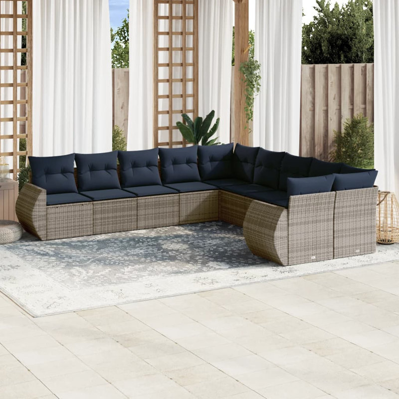 11 Piece Patio Sofa Set With Cushions Black Poly Rattan, Navy Blue Cushion/Gray Frame