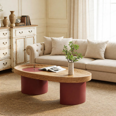 Table basse ovale en bois avec rangement 45,3 po, plateau en noyer avec pieds rouges, table de salon Mid-Century, mobilier d'appoint de style campagnard pour grands espaces, assemblage facile