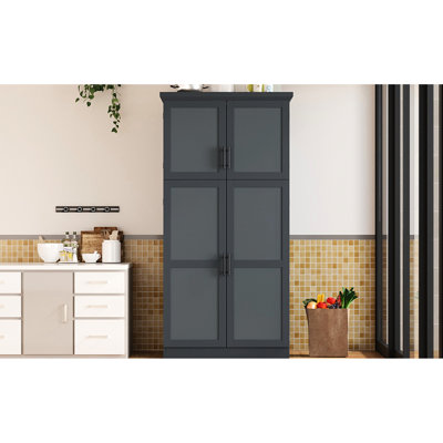 35.5X17.6X70.9Inch Pantry Cabinet With 4 Long Handles, 3 - Level Adjustable Shelf, And 8 Pull Out Trays, Gray Kitchen Door Shelves, 2 Tipping Kits,