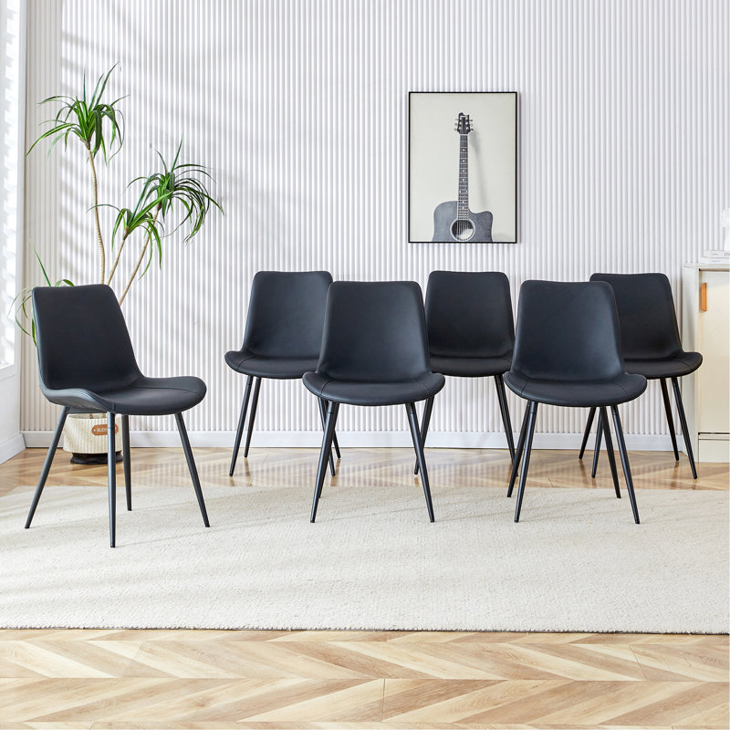 Ensemble de 6 chaises de salle à manger en similicuir noir, siège large rembourré incurvé, pieds en métal noir