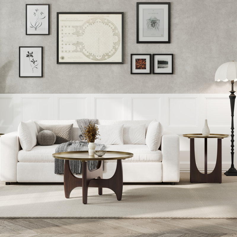 Ensemble de tables basses 30 pouces avec plateau rond doré et base en noyer massif