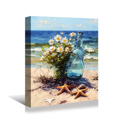 Coastal Cottage Floral Vase with Seashells Beach Canvas Wall Art