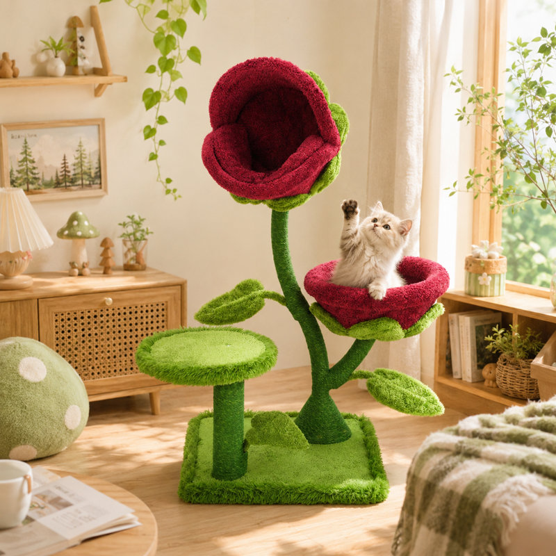 Grand arbre à chat rouge 50,8 po avec deux fleurs, rose doux, pour chat et chat