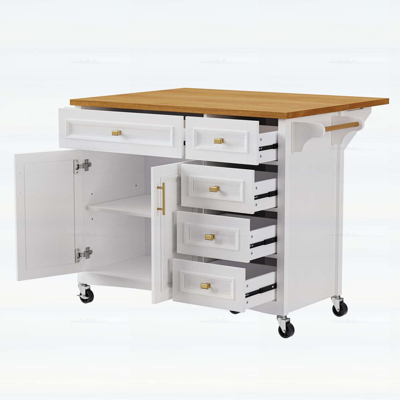 Vintage-Style Kitchen Island with Drop Leaf,Spacious Storage,and Mobile Wheels, White