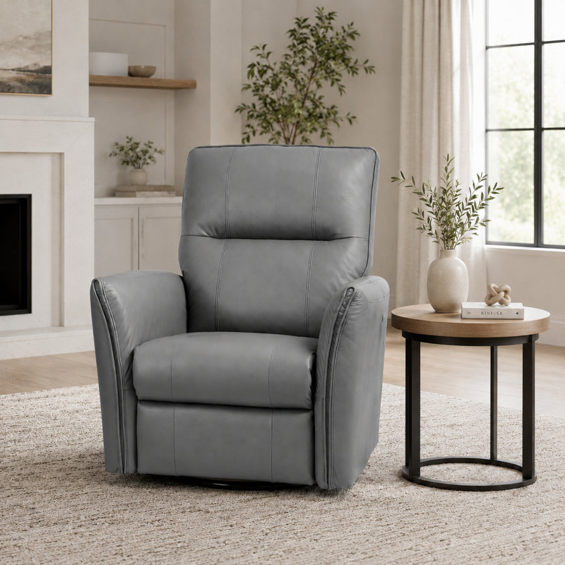 Coamhan 31.5" Wide Genuine Leather Modern Power Recliner with Swivel and Glider, Gray