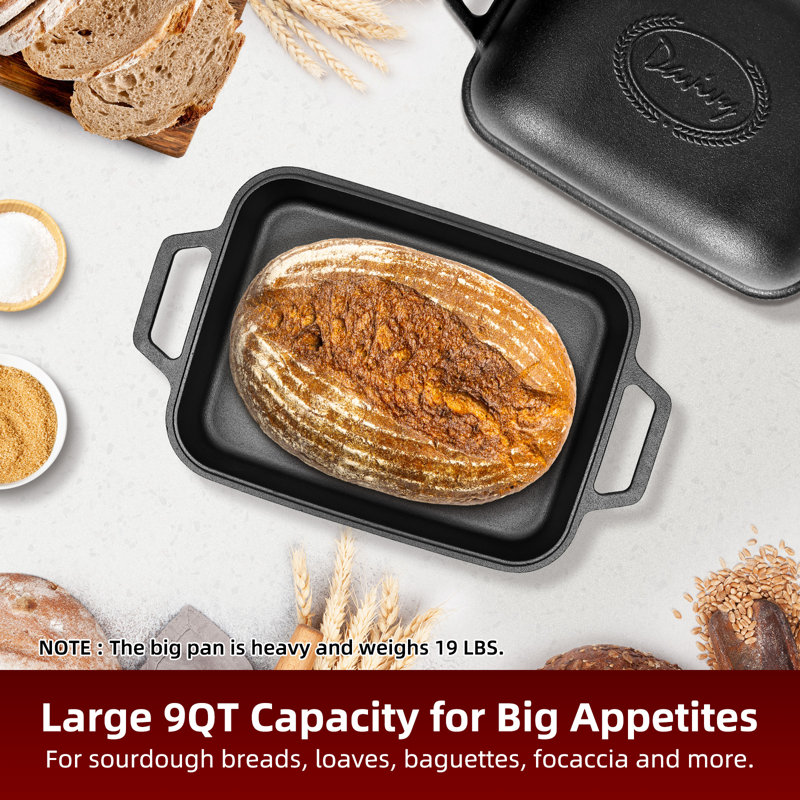 Davivy 9-Qt Pre-Seasoned Cast Iron Dutch Oven w/ Lid Large-Capacity Bread Loaf Pan for Sourdough