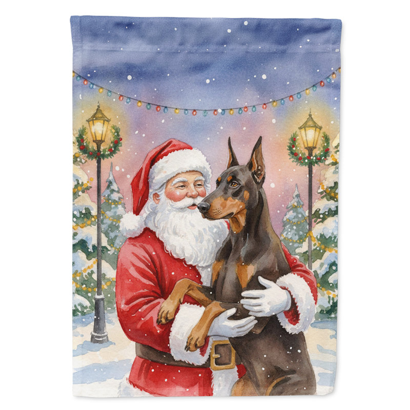 Doberman pinscher fauve avec le drapeau de la maison du Père Noël, Taille de la maison, Doberman pinscher fauve