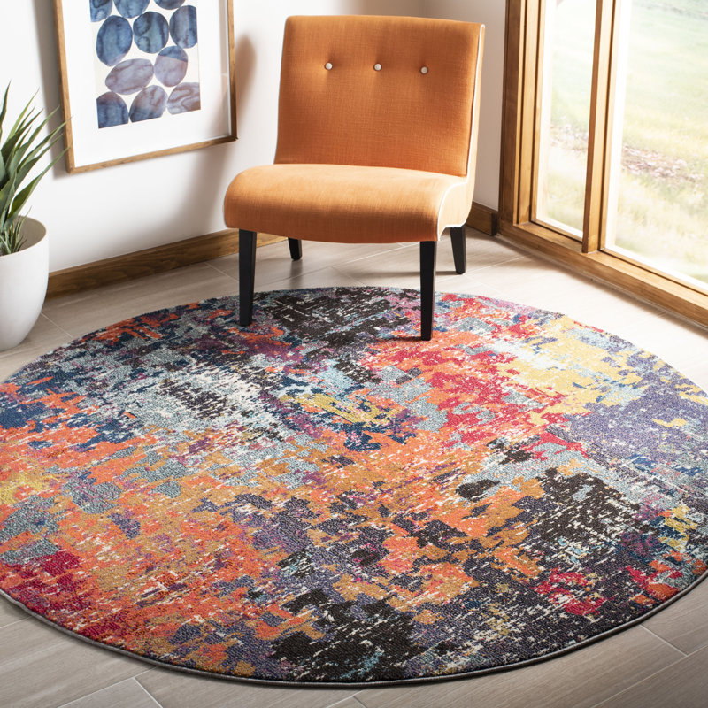 Tapis abstrait bleu / orange Hertzler, Rond 6 pi 7 po