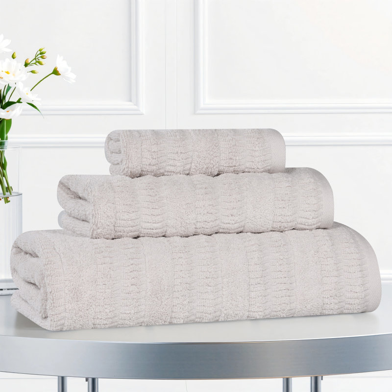 Mika Smart Twist Viscose Cotton Blend Medium Weight Solid Textured Ribbed 3 Piece Towel Set, Silver