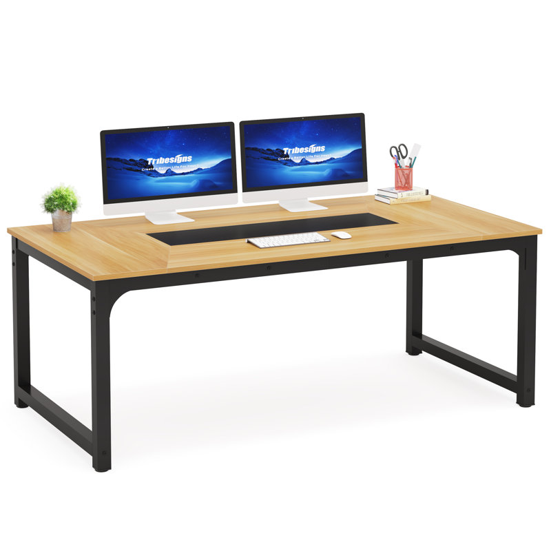 Aalderk Solid Wood Top Metal Base Computer Desk, 77cm H x 180cm W x 90cm D, Walnut/Black