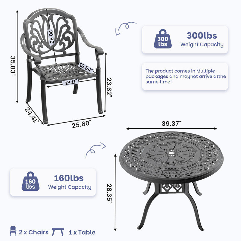 Ensemble de salle à manger bistro en aluminium moulé 3 pièces, table ronde de 100 cm avec trou pour parasol et 2 chaises empilables avec coussins bruns