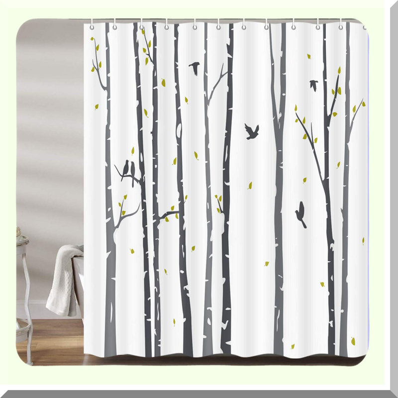 Rustic Birch Forest Shower Curtain - Neutral Grey Tree Design with Rowley Birds, Black and White Abstract Bathroom Decor, Hooks Included