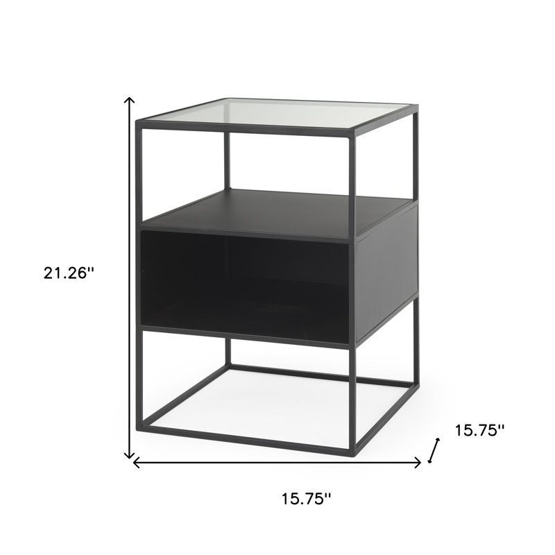 Table de bout carrée en métal et verre transparent et noir 21 po avec deux tablettes