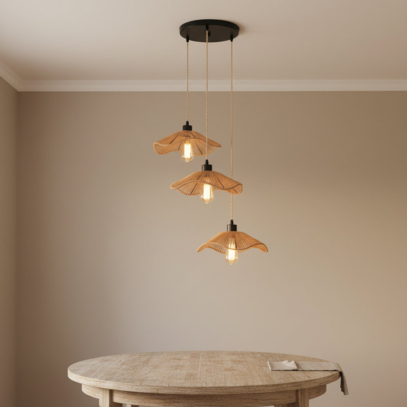 3 - Light Rattan Farmhouse Cluster Pendant Light