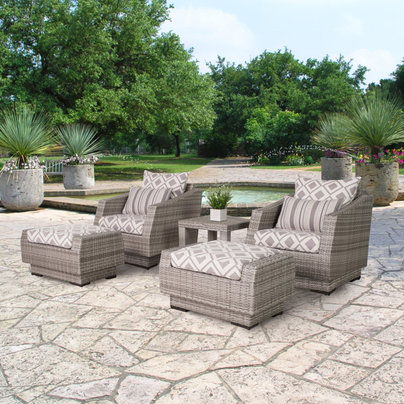 Fionnula 5-Piece Rattan Conversation Set With Sunbrella Cushion Covers, Tikka Orange Sunbrella Canvas