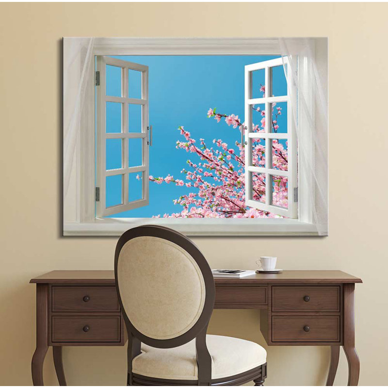 «Serene Natural Landscape Cherry Blossom In Spring Open Window Floral Modern Wall Home Decor» sur toile, H 32 po x l 48 po