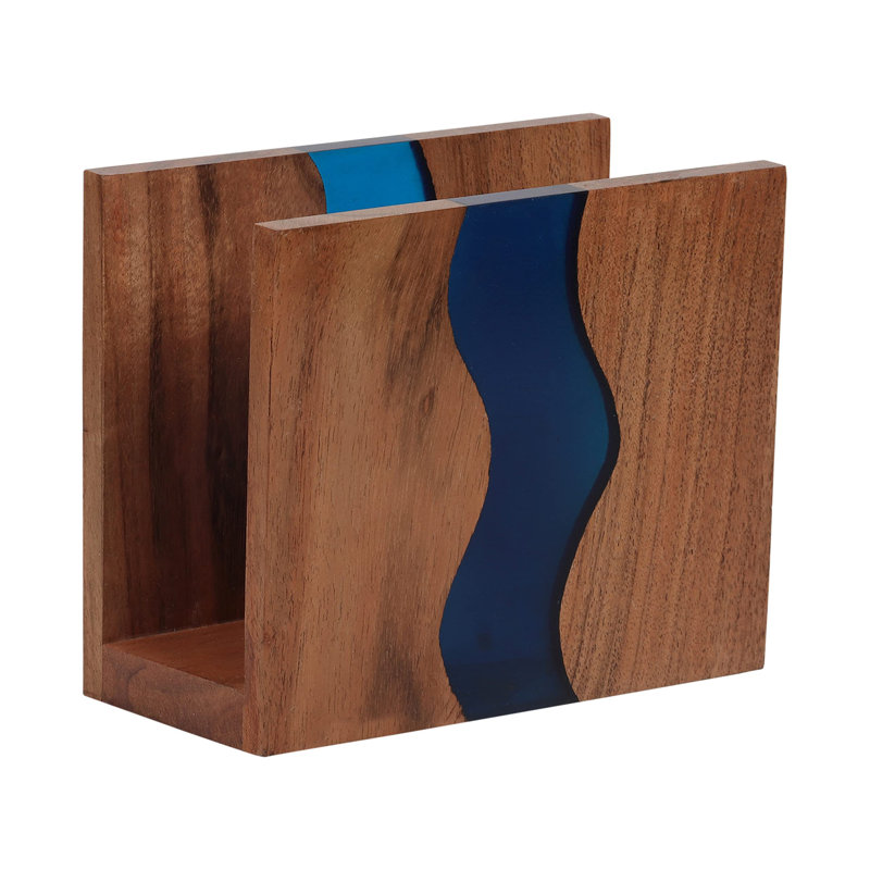 Porte-serviette de table en bois d'acacia et résine époxy transparente 6 po x 5 po x 2,5 po | Bleu