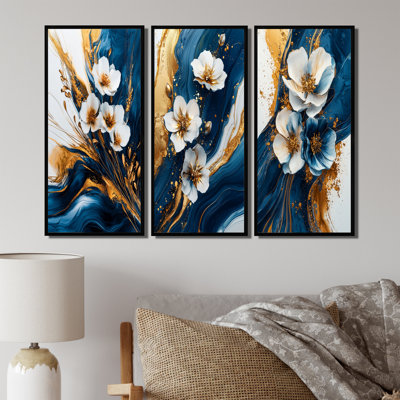 Golden Petunias Flowers On Aqua River Of Marble I - Petunias Wall Decor Collection