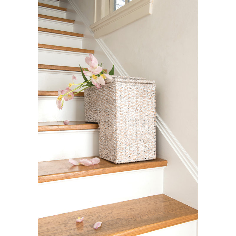Fallon Braided Bankuan and Rattan Stair Basket with Whitewash Finish and Handles, White