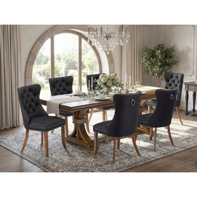 L'ensemble de table de cuisine 7 pièces comprend une table de salle à manger et 6 chaises de salle à manger en polyester gris foncé avec dossier capitonné - Finition noyer antique