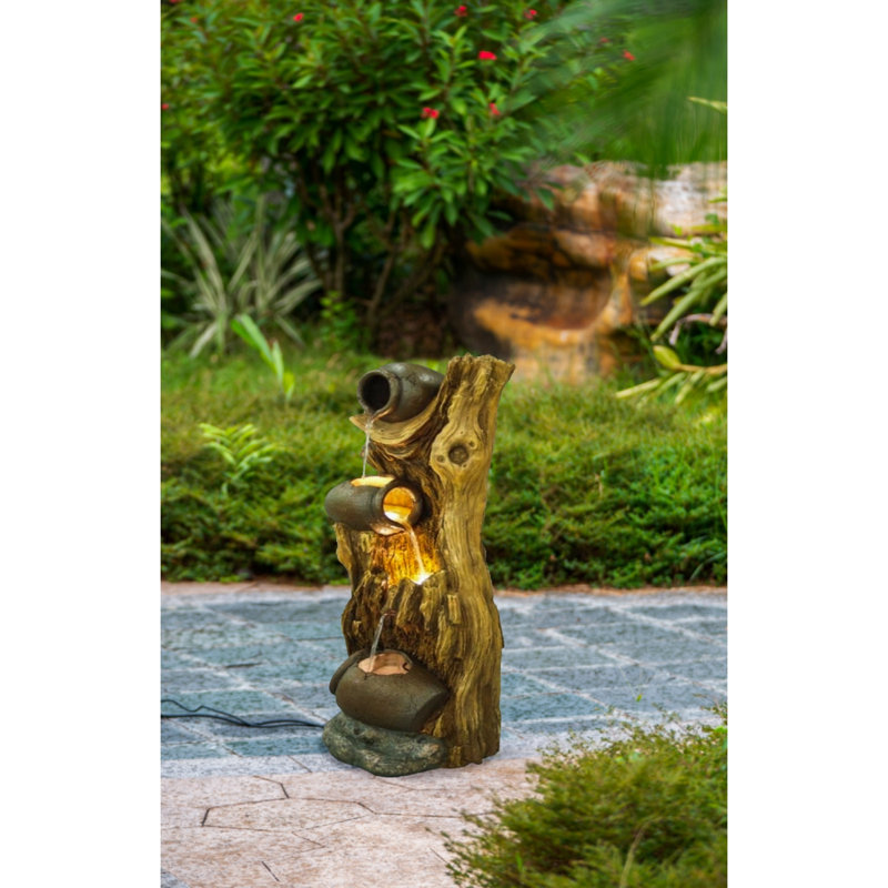 Fontaine décorative à tronc d'arbre à 3 niveaux 12,4 x 11,6 x 37,8 po avec lumières et pompe, brun