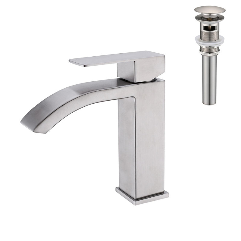 Waterfall Spout Bathroom Sink Faucet with Single-Handle and Pop-Up Drain Assembly, Brushed Nickel