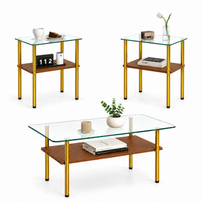 Modern 3 Piece Coffee Table Set with 2 End Tables, Tempered Glass Top and Storage Shelf, Living Room Furniture Set