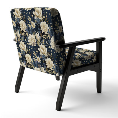 Industrial Ivory & Blue Fusion Floral Pattern - Upholstered Farmhouse Arm Chair, Rustic Floral Accent Chair