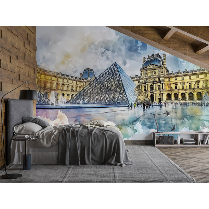 Murale Louvre Paris - Pyramide aquarelle et papier peint musée, L 120 po x l 80 po, Non tissé
