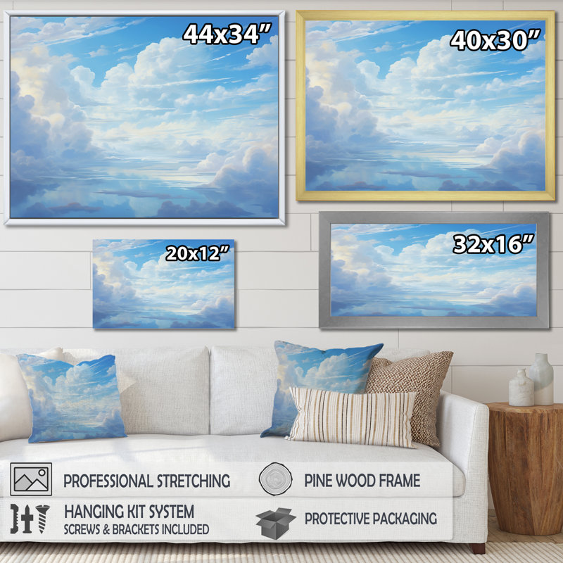 Aqua pastel nuages Lansdcape IV - salon d'art mural nuages, H 12 po x l 20 po, Cadre flottant blanc