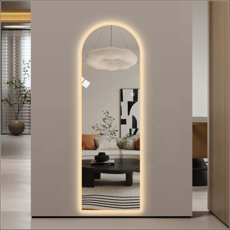 LED Full Length Wall Mirror, Symmetrical Arch Design With Frosted Glass Border, Dimmable Temperature Lighting, Copper-Free Glass, Hardwired Or Plug-In