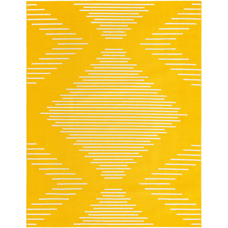 Tapis géométrique jaune en polypropylène tissé à la machine, Rectangle 7 pi 10 po x 10 pi