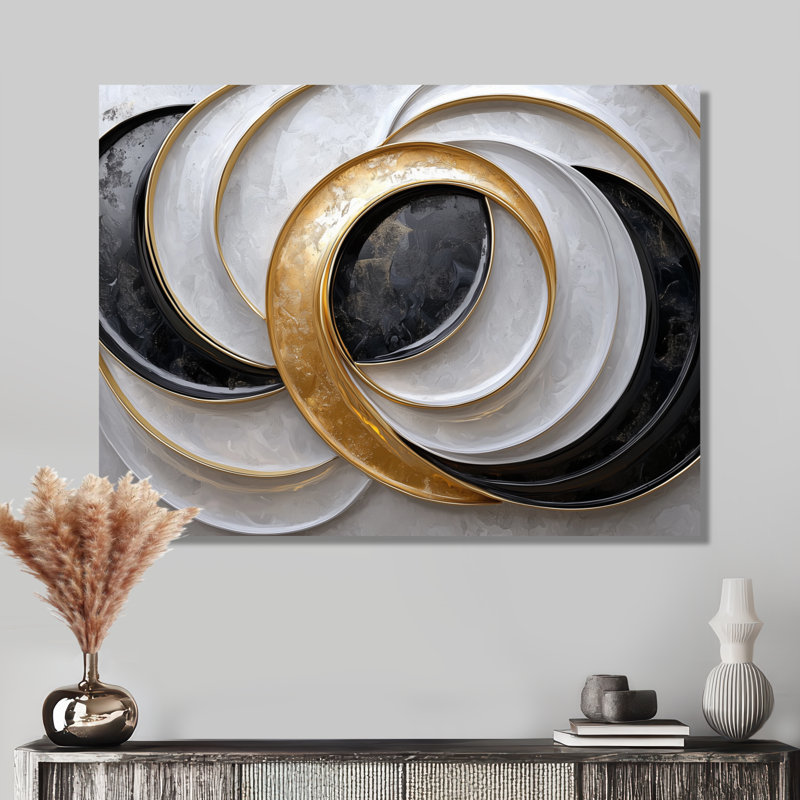 Décoration murale abstraite en or et blanc Eclipse of Moons III - Spirales abstraites en métal, H 12 po x l 20 po
