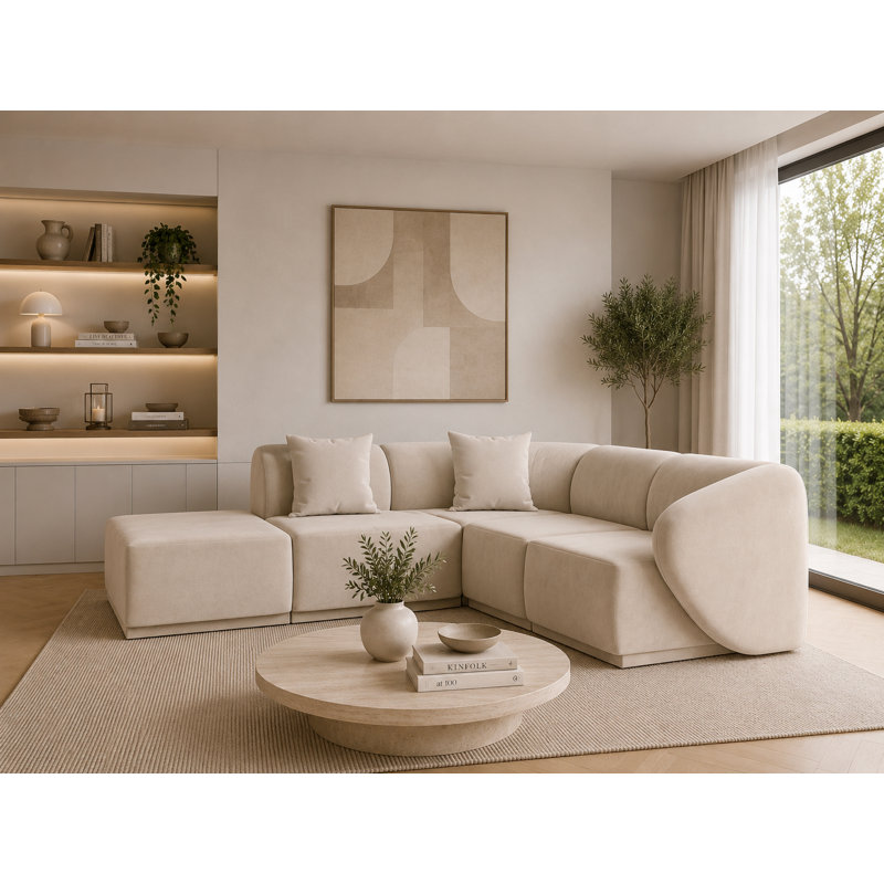 5 Seater Velvet Sofa & Chaise, Left Hand Facing, Beige Velvet