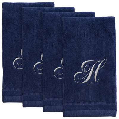 Set of 4 Navy Blue Monogrammed Towel - White Embroidered