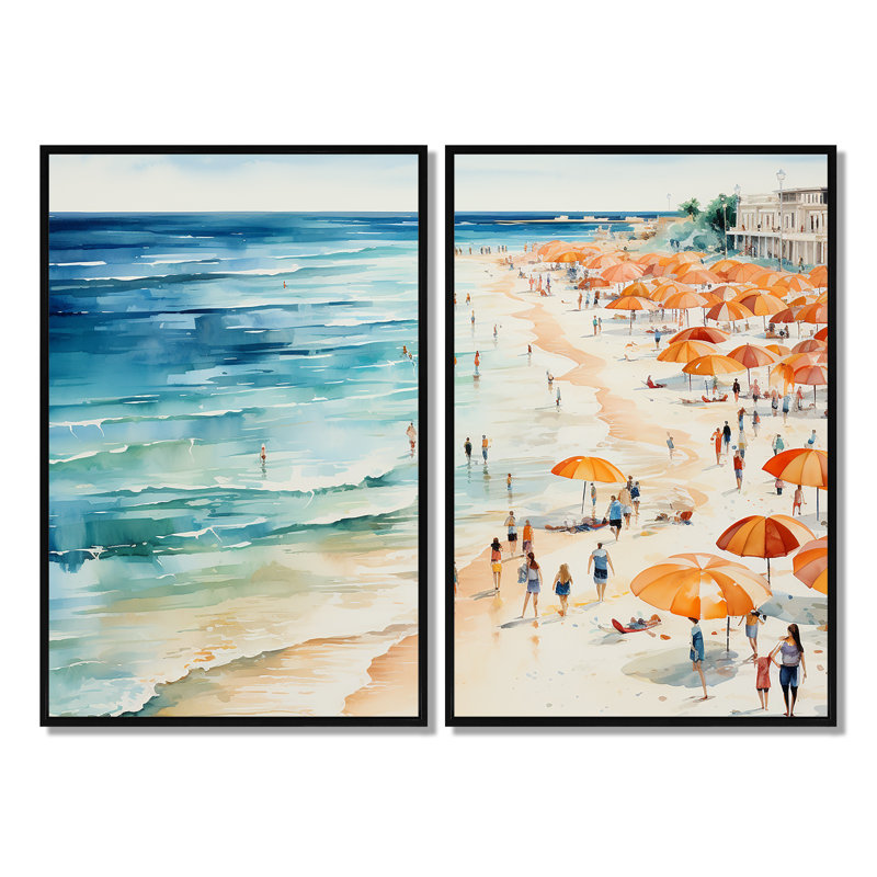 Beach Day Umbrella Parade V - Art mural côtier, Black, 36" H x 48" W, Impression encadrée flottante