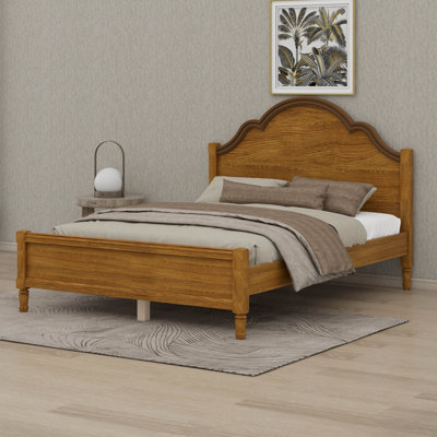 Vintage Wood Platform Bed Frame, Mid Century Bed Frame with Curved Headboard & Classic Footboard