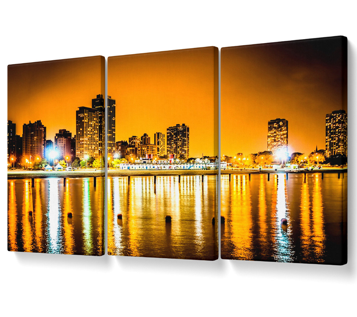 Ebern Designs Golden City Waters - 3 Piece Wrapped Canvas Graphic Art ...