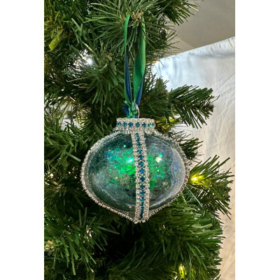 Emerald Green Collection: Green and Blue Glam Ornament embellished with Diamonds, Stunning Light Blue Crystals, and blue and green ribbons.