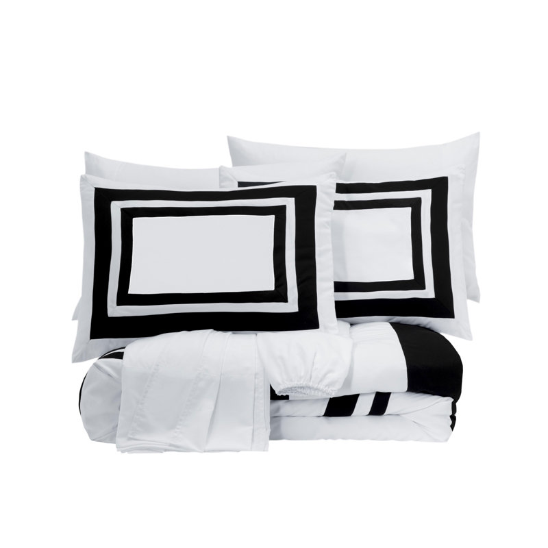 7-Piece Hotel Style Bed in a Bag Comforter Set with Sheets, White/Black, Full Comforter + 6 Additional Pieces